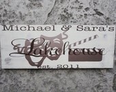 Lake House Sign, Last Name Sign with Custom Background Design.  Family Name Sign, Cabin Sign, Home Sign, Wall Hanging, 10 x 24 inches.
