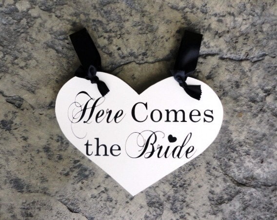 Wood Wedding Sign, Here Comes the Bride with And they lived Happily ever after. 11 1/2 X 14 1/2 inches, 2-Sided. Heart Bridal Wedding Sign.