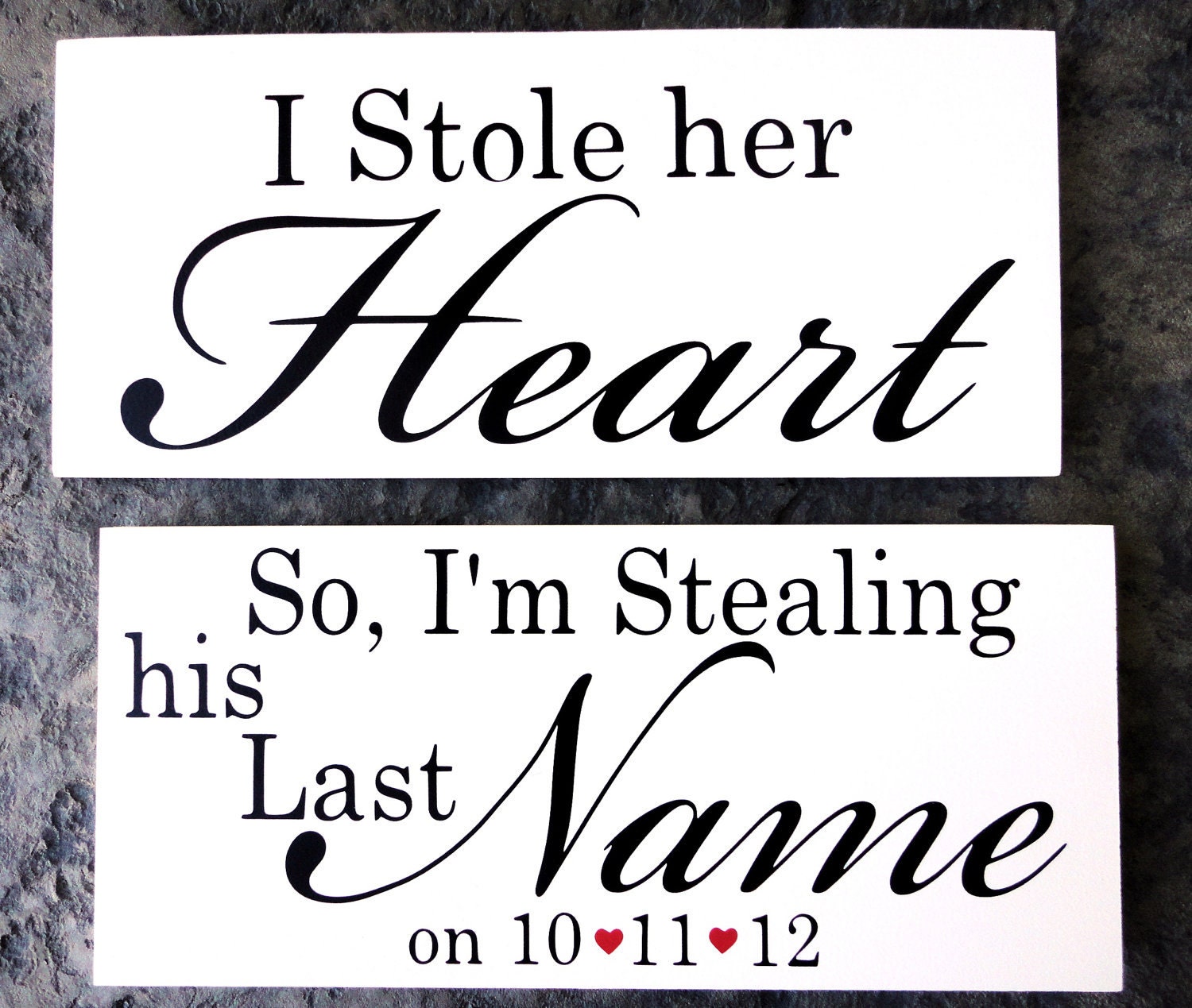 Engagement Photo Props. I Stole her Heart & So, I'm Stealing his Last Name with Date with Red Hearts. 8 X 16 inches, 2 signs, 1-sided.