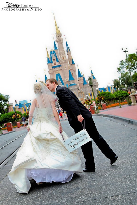 Mickey Themed, Here Comes the Bride with And they lived Happily ever after. 8 X 16 in, 2-Sided. I Love You Sign, Fairy Tale Wedding Sign.