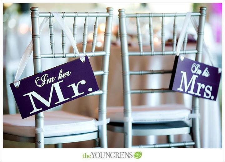 Wedding Chair Signs, I'm her Mr. & I'm his Mrs. with Just Married on the back. 6 x 12 inches, Crisp Paint, 2-sided Photo Prop.