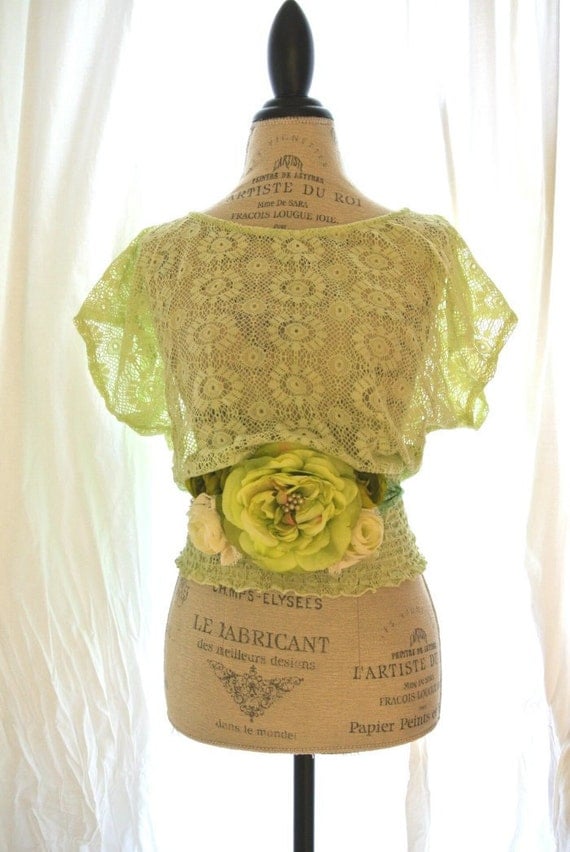 Upcycled womens shirt, lace top, country style, shabby green, gypsy cowgirl, womens clothing