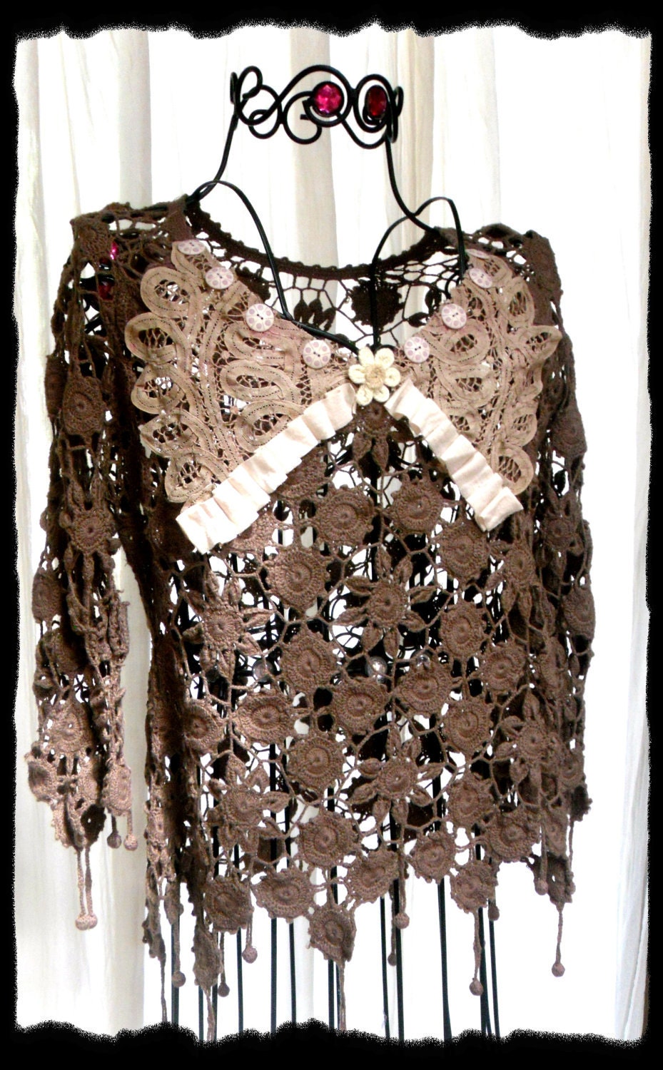 Chocolate Crochet Fringed Summer sweater boho urban ranch texas womens clothing boutique crochet ladies summer sweater french market French Cottage vintage tea stained doily Shabby chic urban Bohemain