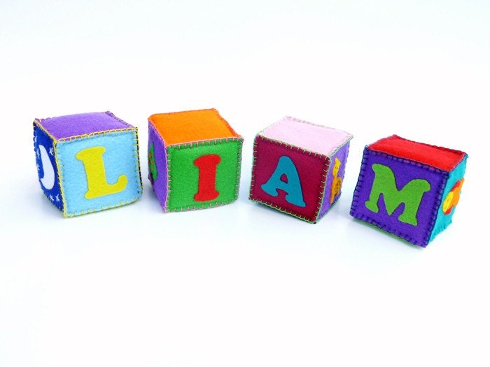 Custom Soft Baby Name Blocks- Set of 4 personalized and hand stitched felt blocks