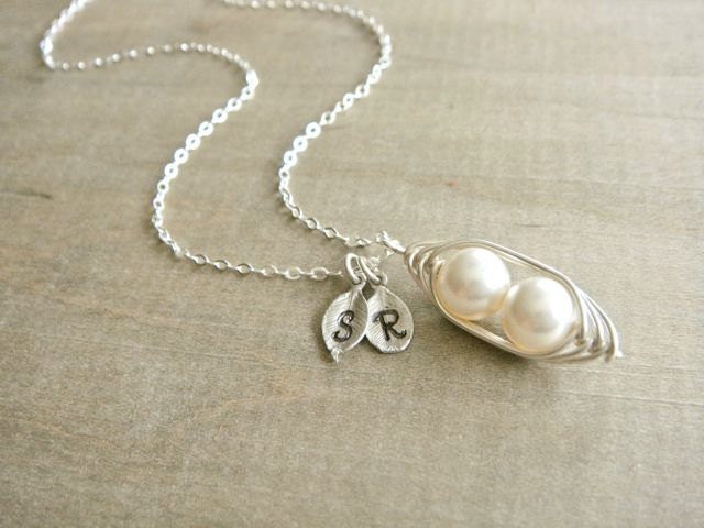 Personalized 2 Peas in a Pod wrapped in Sterling Silver - Choose your INITIAL and PEARL COLOR - Mother's Day