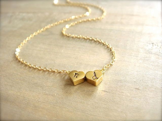 Two Heart Initial Necklace in Gold - REVERSIBLE - Bride, Bridal, Bridesmaid gift, Wedding, Mother's Day, Anniversary