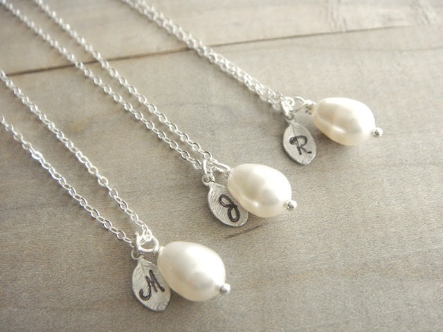 Bridesmaid Gift - 3 Cream or White Pearl Hand Stamped INITIAL Necklaces in Sterling Silver - choose pearl color