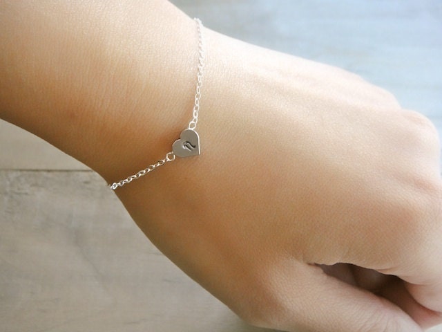 Custom Initial Silver Heart Bracelet - Hand stamped double sided heart - Buy 2 Get 1 FREE - Bride, Bridal, Bridesmaid gift