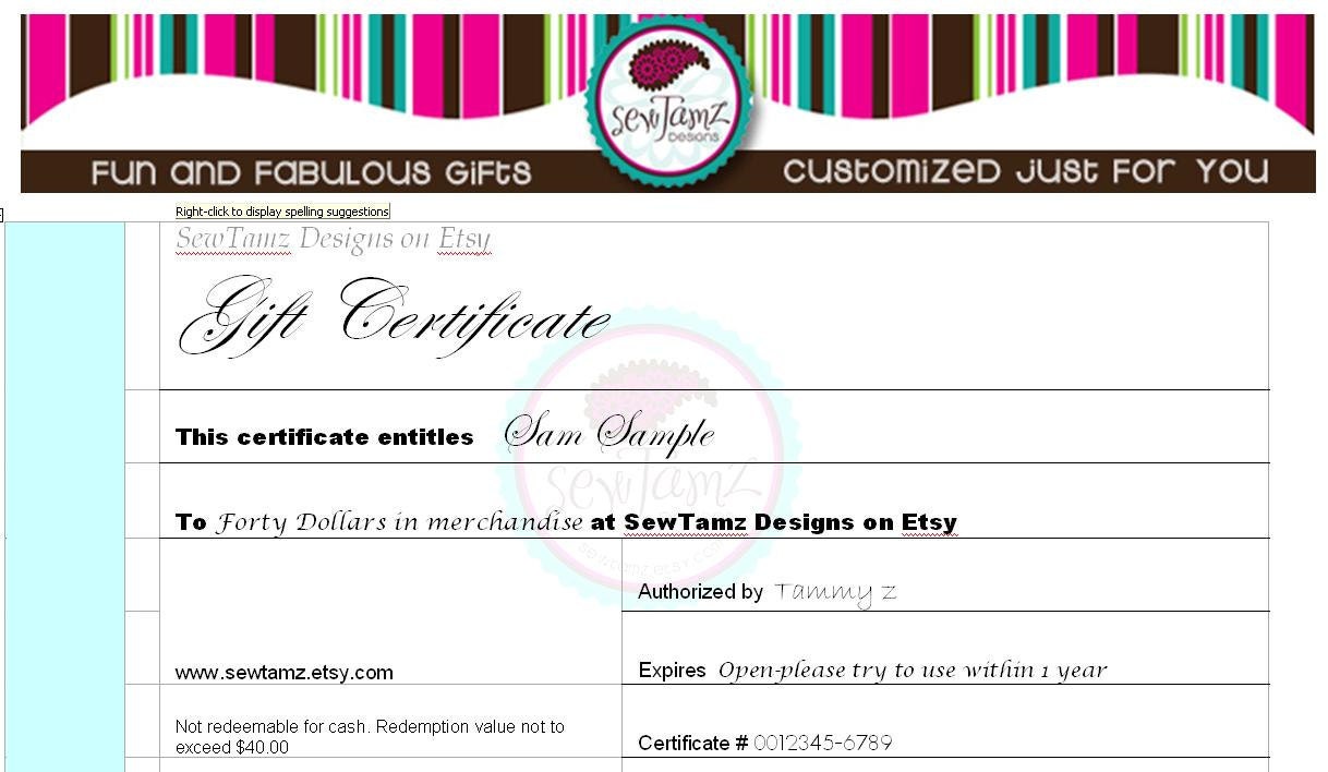 Quick Gift - Rush - Gift Certificate for SewTamz Designs on Etsy - Great Last Minute Gift