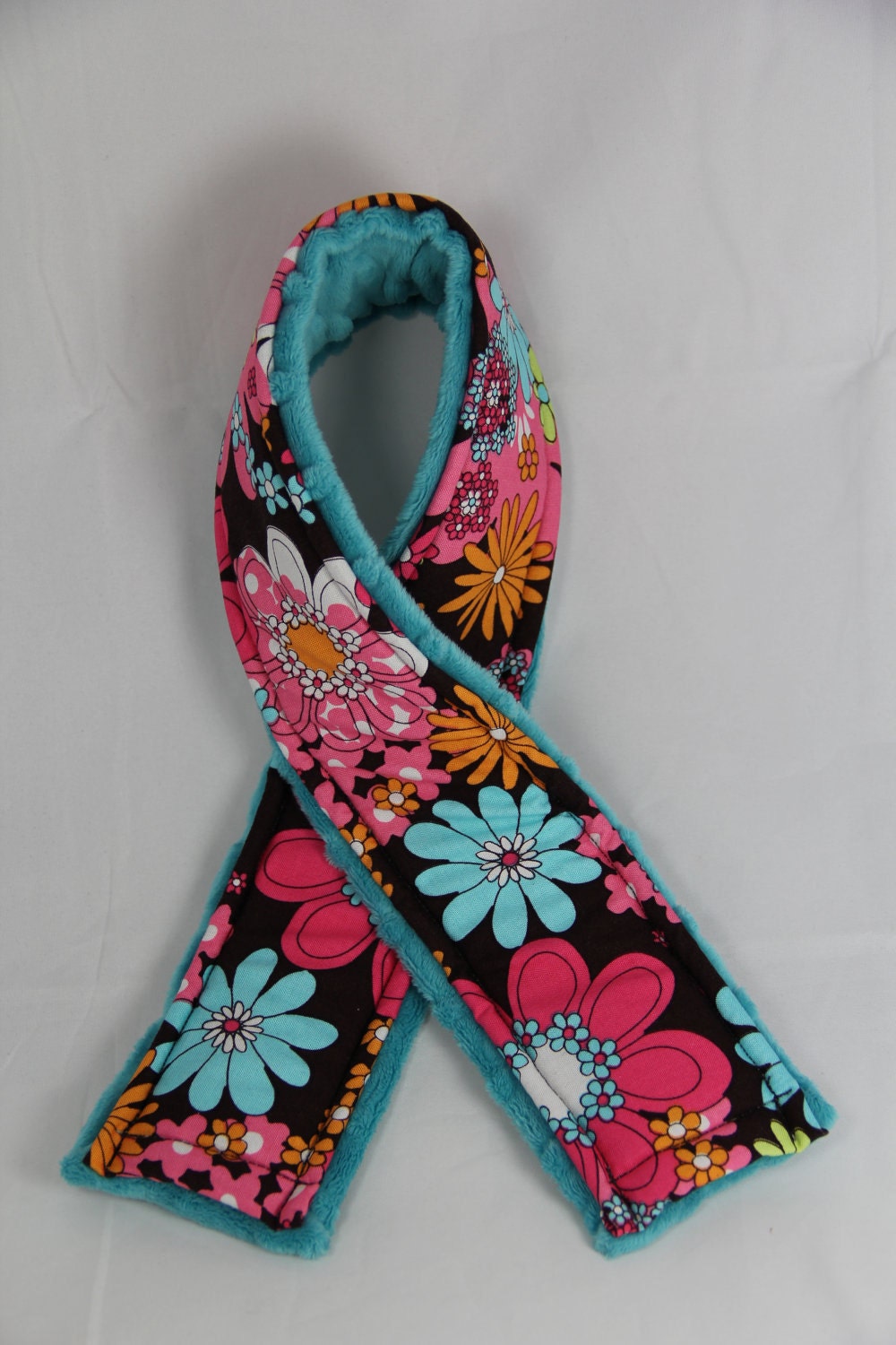 Camera Strap Cover Cocoa Flowers with Teal Minky