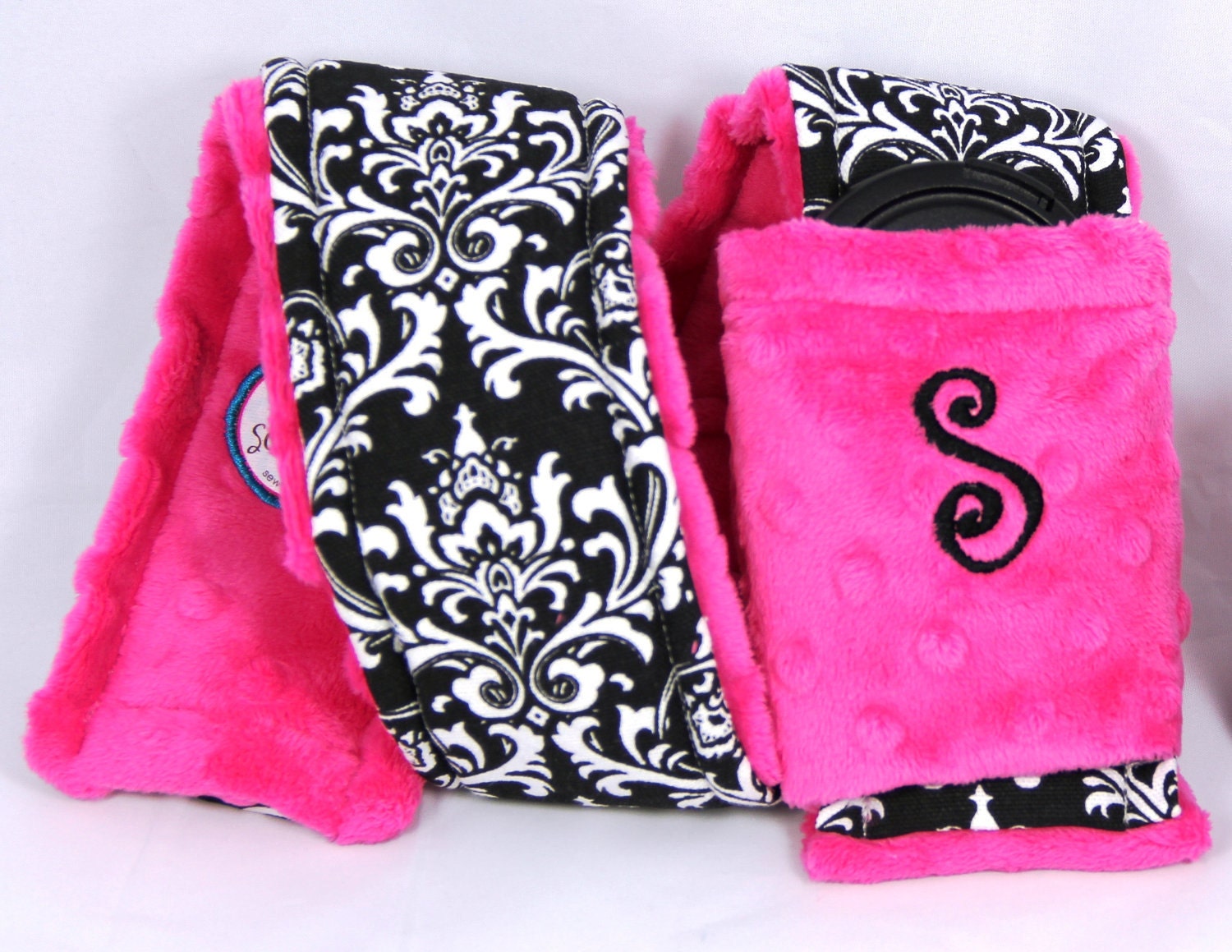 Personalized Camera Strap Cover Set in Elegant Black and White Damask Fuchsia Minky