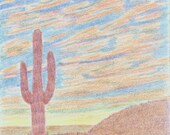 ACEO Desert Sunset original art colored pencil drawing hills cactus clouds nature landscape nitelvr