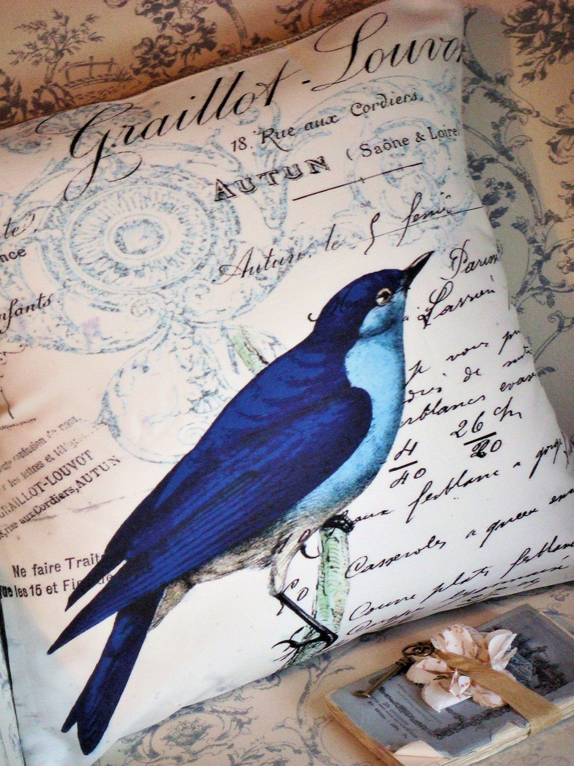 Pillow Cover French Bluebird cotton and Burlap decorative Throw pillow