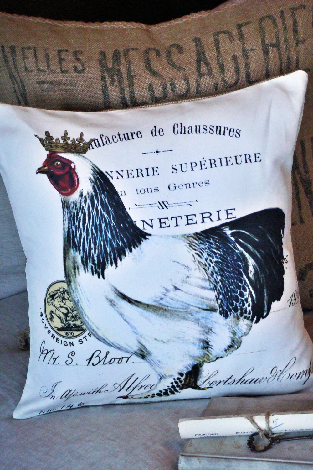 French Rooster Cotton Pillow Cover