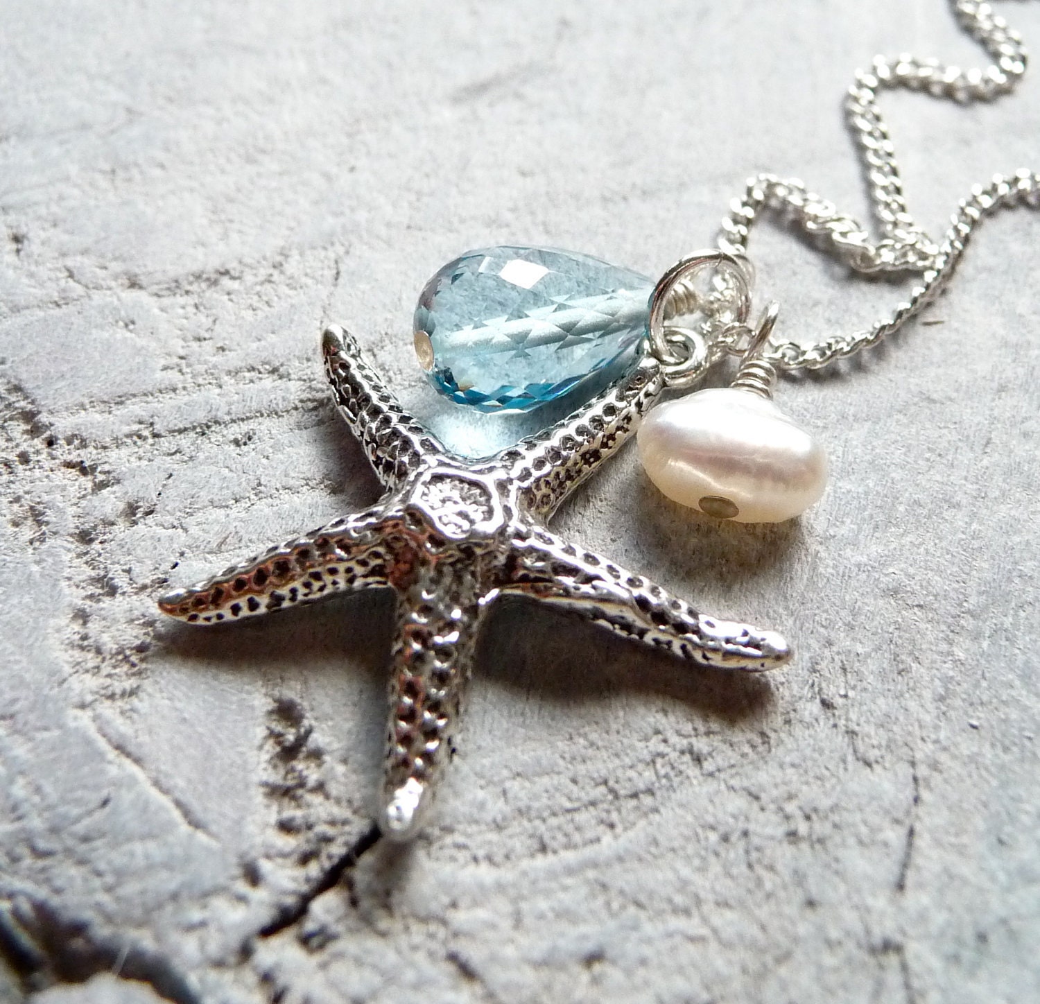 Starfish Necklace, Blue Topaz Necklace, White Pearl, Sterling Silver Charm Necklace