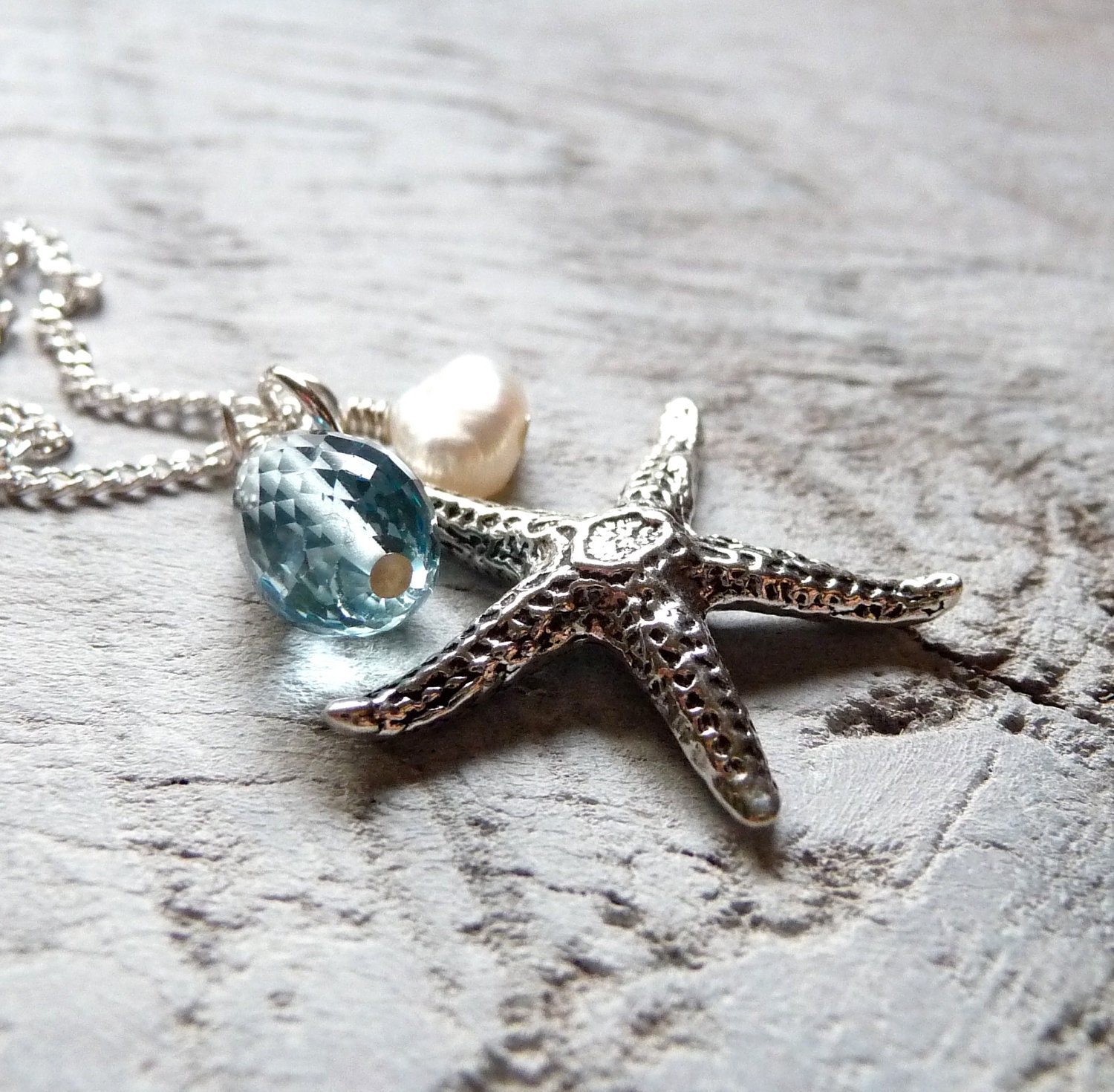 Starfish Necklace, Blue Topaz Necklace, White Pearl, Sterling Silver Charm Necklace