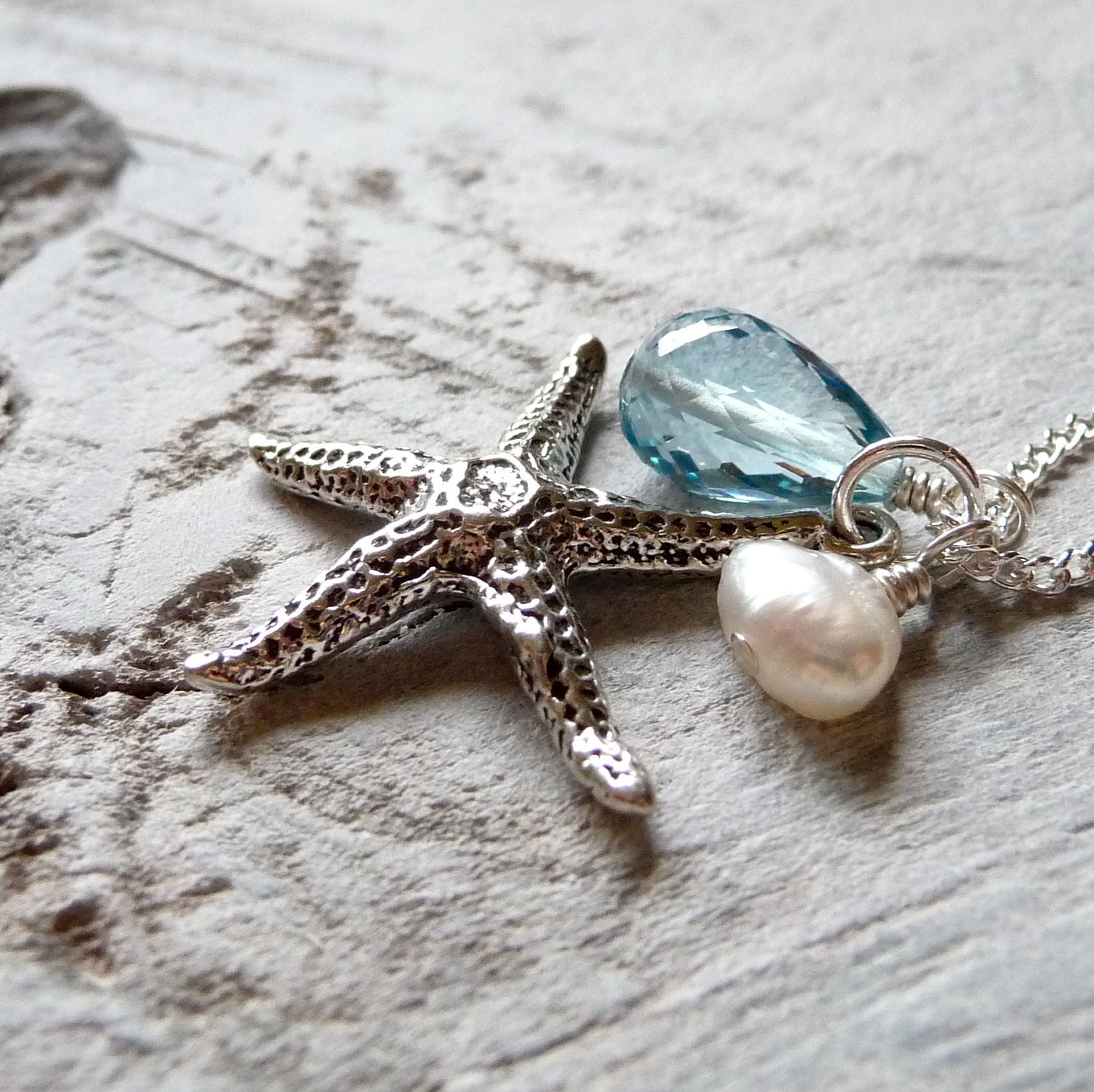 Starfish Necklace, Blue Topaz Necklace, White Pearl, Sterling Silver Charm Necklace