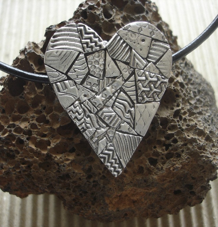 Fine Silver Crazy Quilt Mosaic Heart