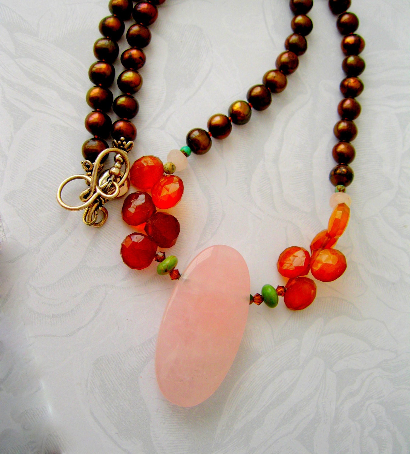 Pearl necklace Rose Quartz Rootbeer Pearls and Chalcedony with Turquoise ROOTBEER FLOAT Sterling Handmade Jewelry