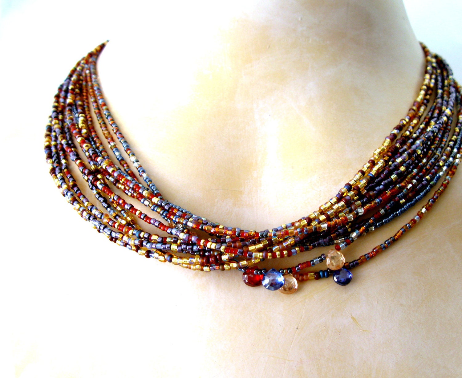 Cobalt blue and carnelian GLOWING SUNSET handmade necklace -Japanese seed bead necklace and cobalt and golden with  CZ, multistrand