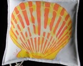 Scallop pillow 20" painted tropical coral yellow orange shell shelling beachcombing seashore nautical ocean Crabby Chris Original