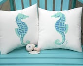 Little Seahorses pair of indoor outdoor pillows 12"x12" set of two coastal beach children's ocean nautical marine aquarium SCUBA reef - crabbychris