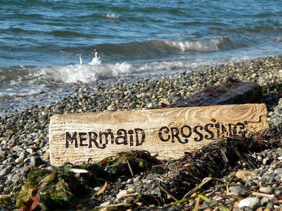 Mermaid crossing sign driftwood painted coastal beach cabin cottage nautical seashore hand painted wood