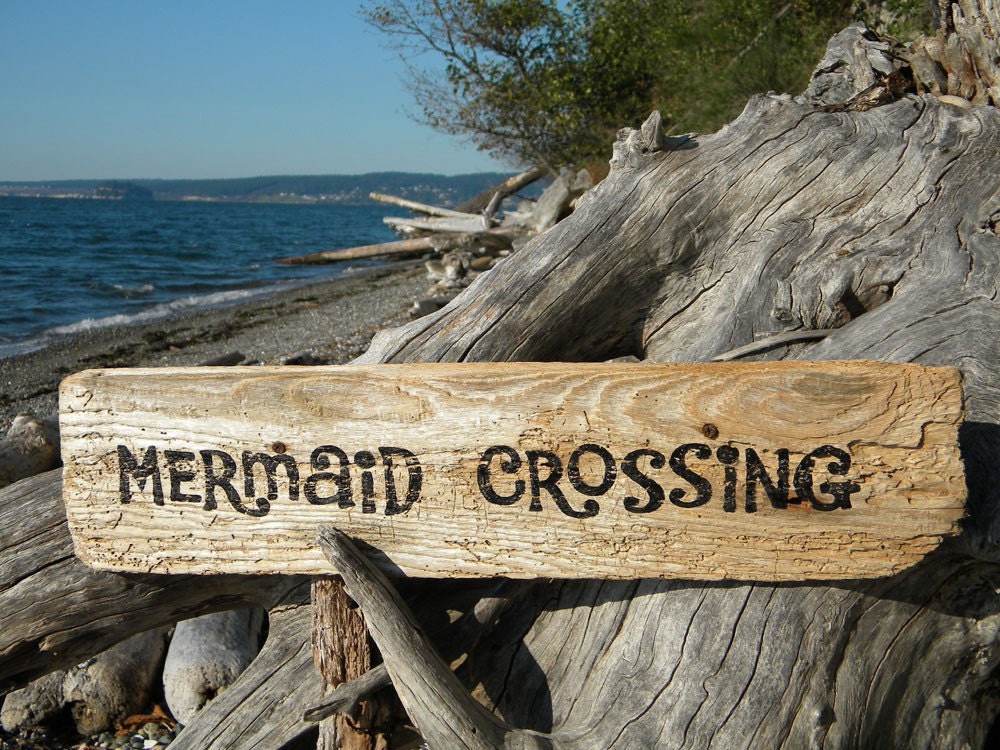Mermaid crossing sign driftwood painted coastal beach cabin cottage nautical seashore hand painted wood