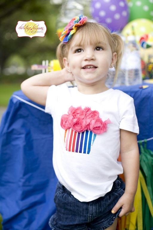 RAINBOW PARTY Cupcake Shirt with Rosette Flower Icing Sizes 12m-6T Great for the Birthday Girl