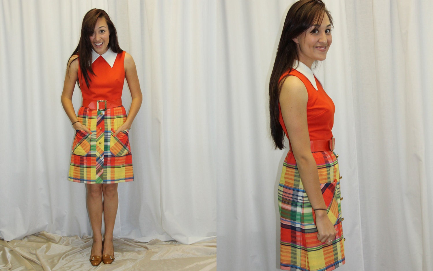 SALE - Vintage Mod Dress 1960s Color Block with Plaid