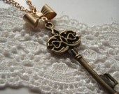 Key and Bow Necklace Bronzed Filigree Key Necklace Gift under 20 Gifts for mom sister daughter