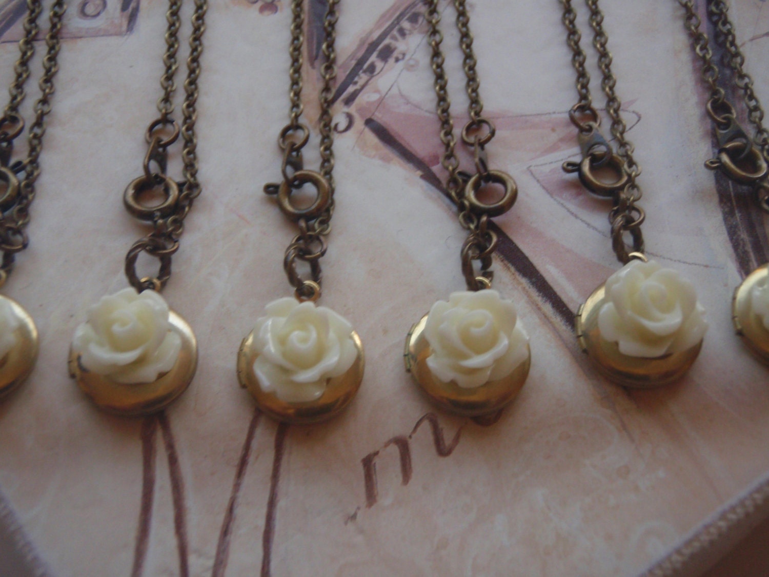 Bridesmaids Gift Set Locket with Cream Rose Bulk Listing with Discount Necklace Set of Six 6