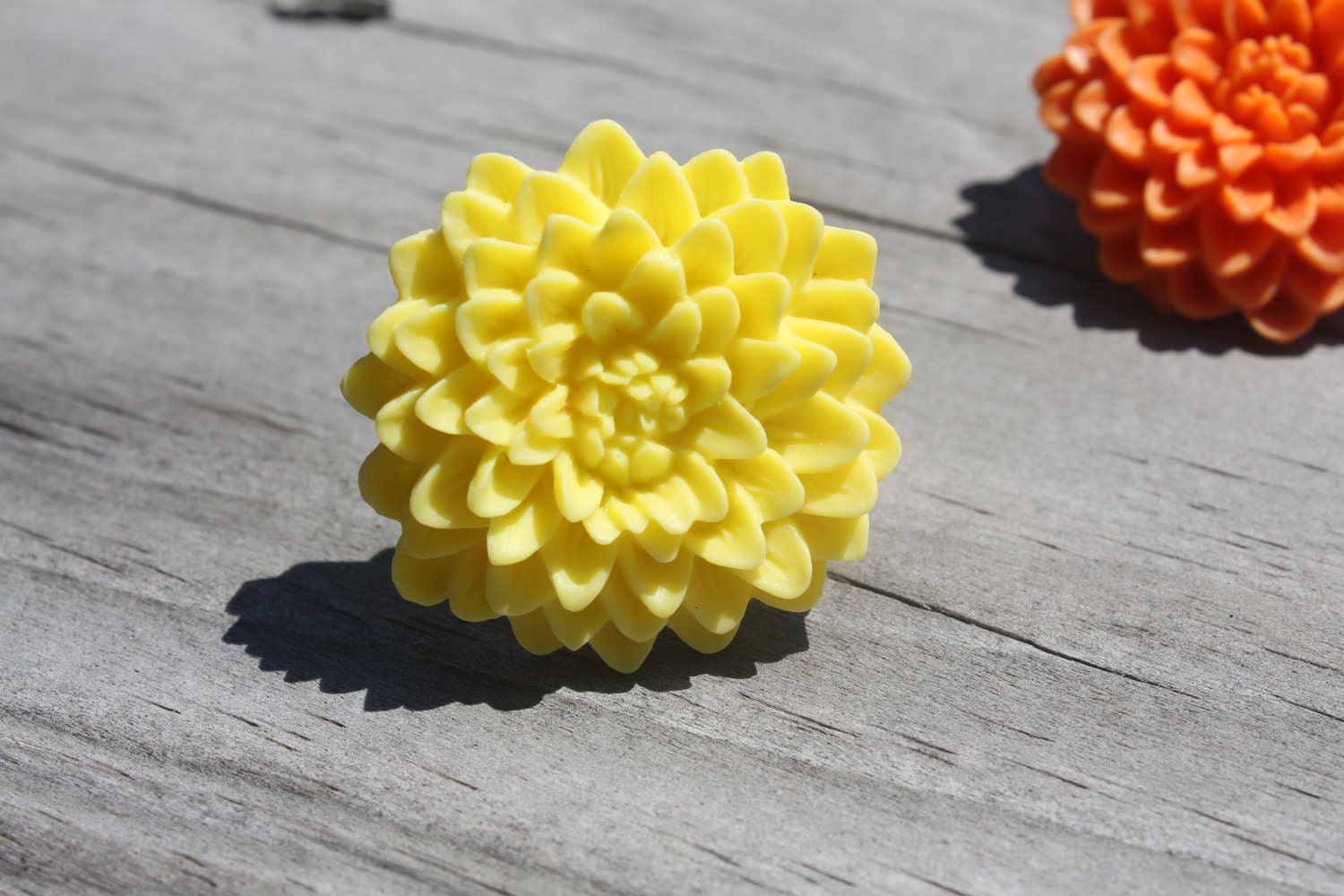 Bright Yellow Cabachon Flower Ring - Adjustable Adult - Statement Ring