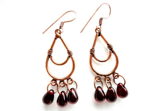 Spring Berries - Pomegranate, Red Glass, Red Wine, Burgundy, Teardrop, Chandelier, Antique Looking, Spring, Bead, Earrings