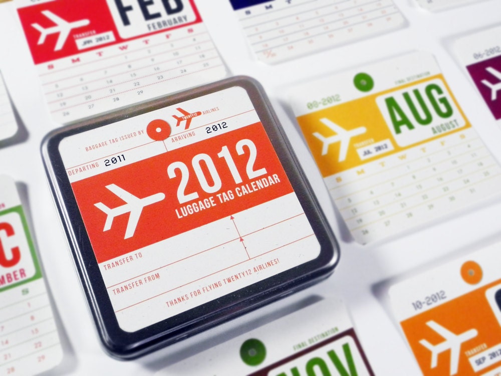 2012 Calendar with Gift Tin, Vintage Luggage Tag Themed Wall Calendar
