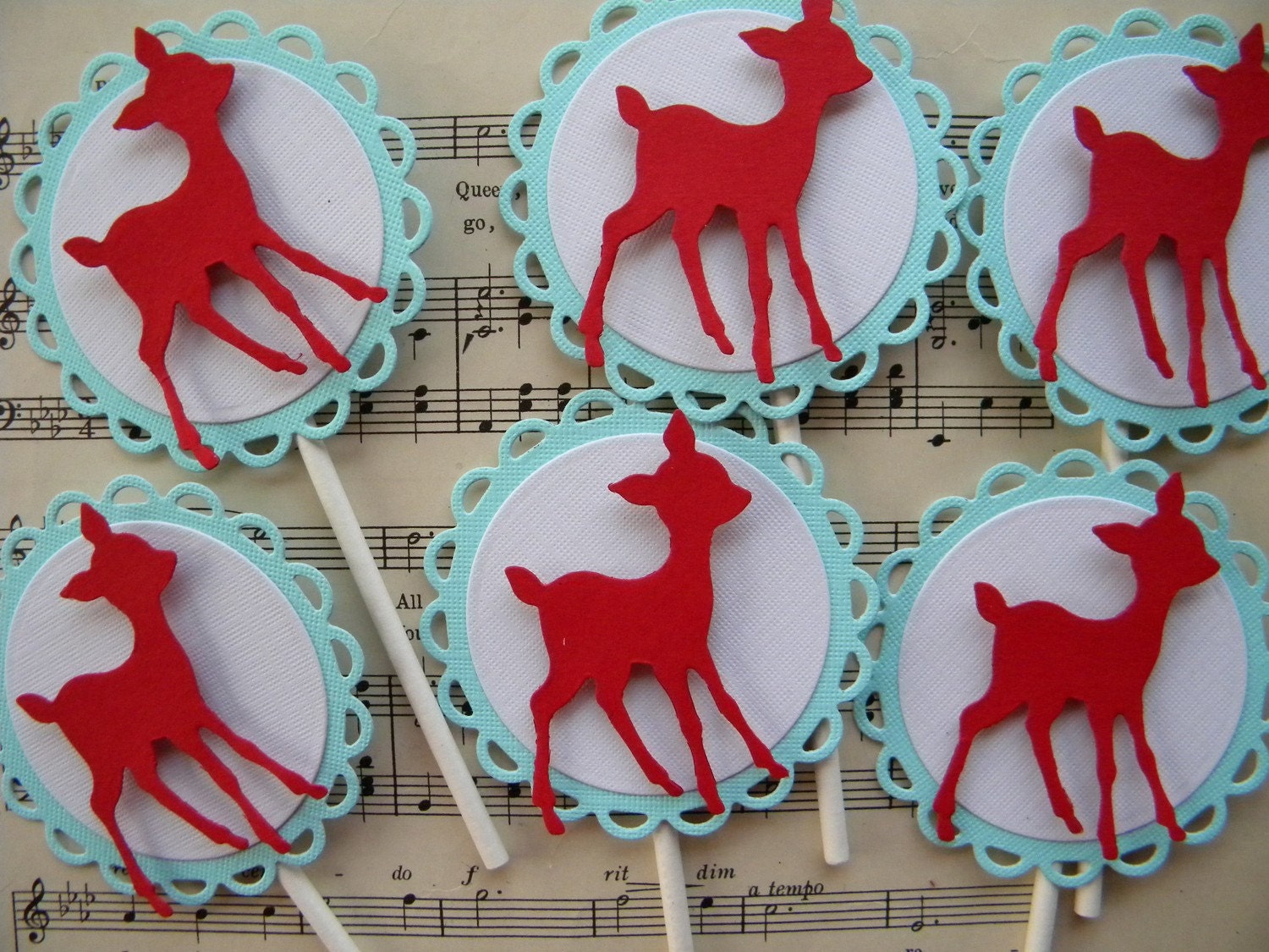 Cupcake Toppers - Woodland Deer - Aqua and Red