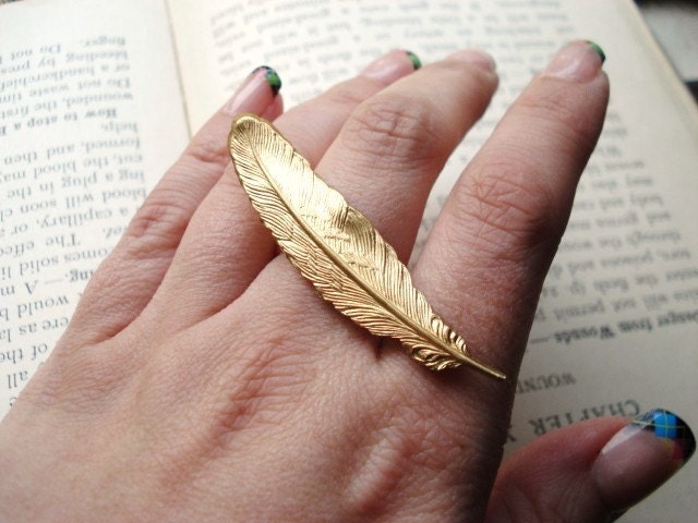 Feather Ring -- Gold Double Finger Statement Ring -- Quill
