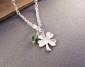 Four Leaf Clover Necklace, Silver Shamrock with Green Crystal Dangle, Lucky Charm, Birthstone Necklace, Good Luck Jewelry