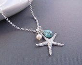 Starfish Necklace, Silver Sea Star with Pearl and Turquoise Dangle, Pendant Necklace, Beach Wedding, Bridesmaids Gift, Modern Jewelry