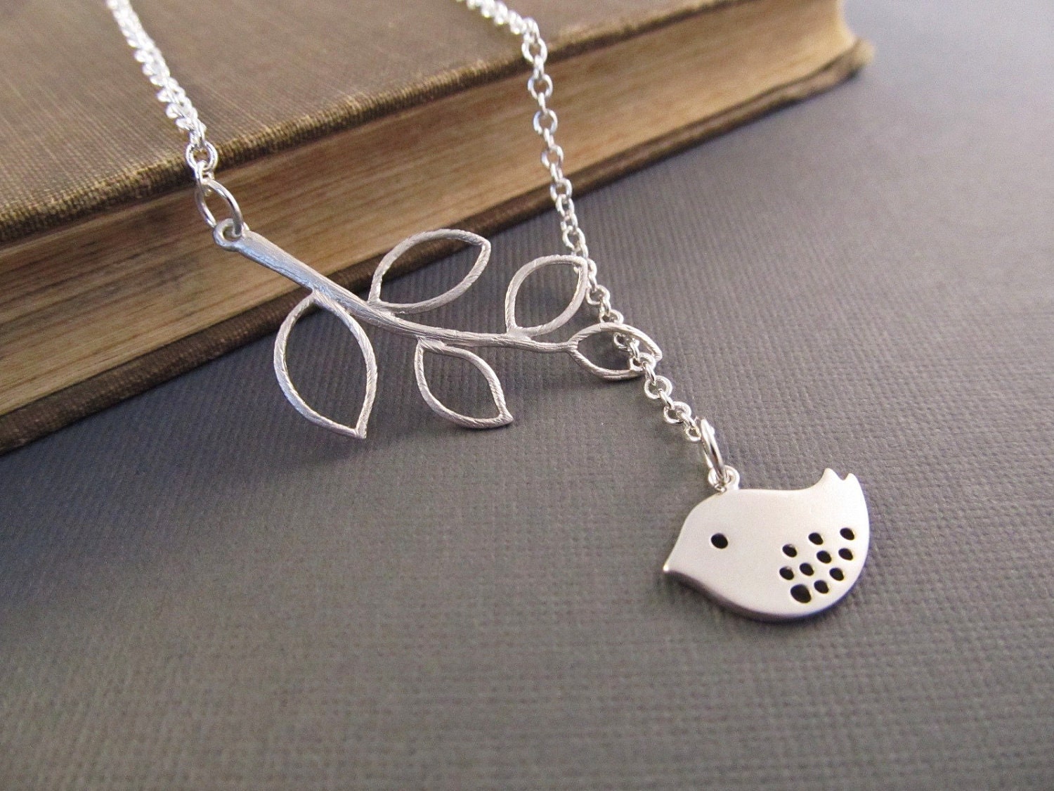 Silver Bird and Branch Necklace, Sparrow, Lariat Necklace,  NatureJewelry, Gift for Her, Fashion Jewelry