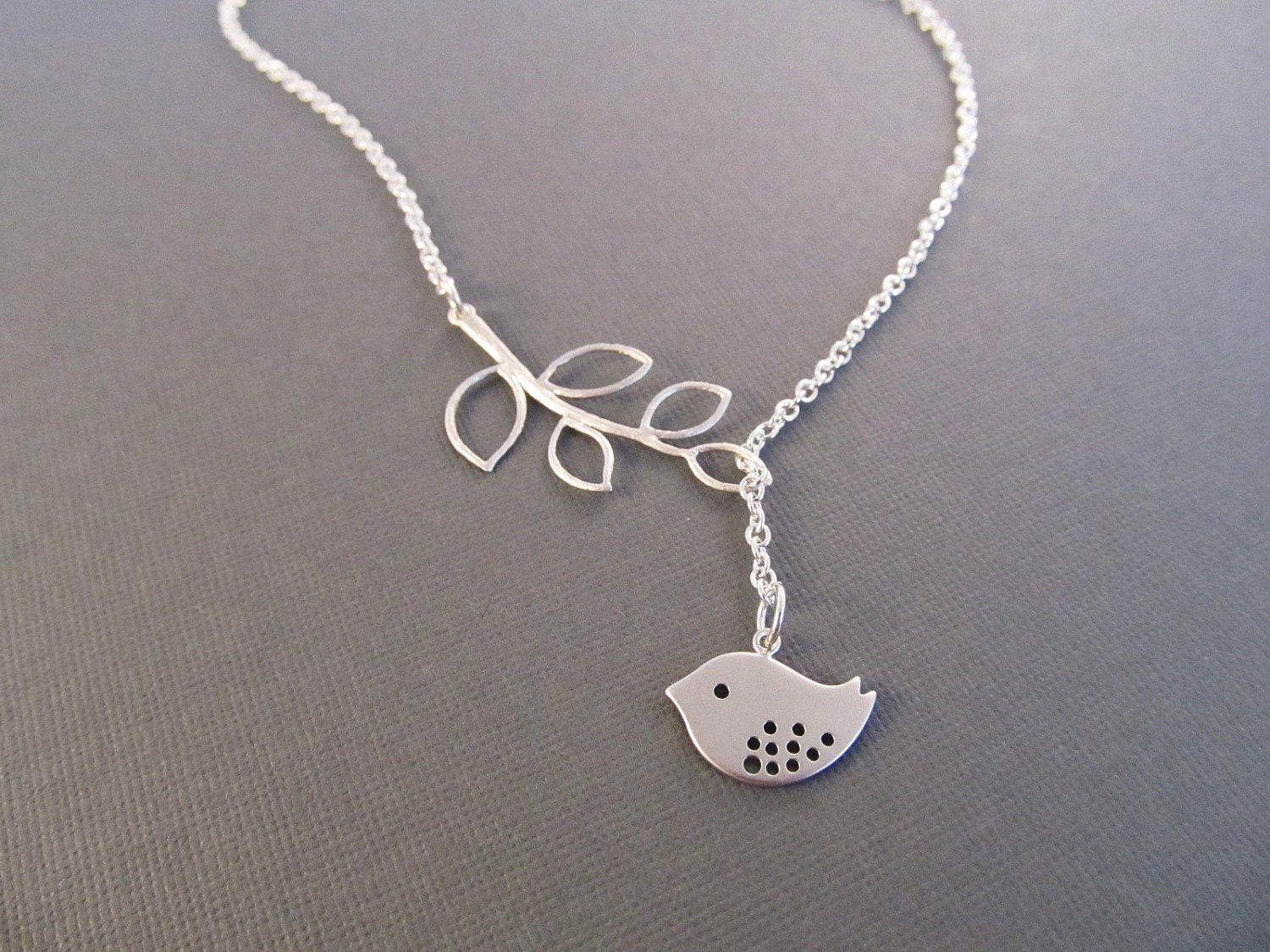 Silver Bird and Branch Necklace, Sparrow, Lariat Necklace,  NatureJewelry, Gift for Her, Fashion Jewelry