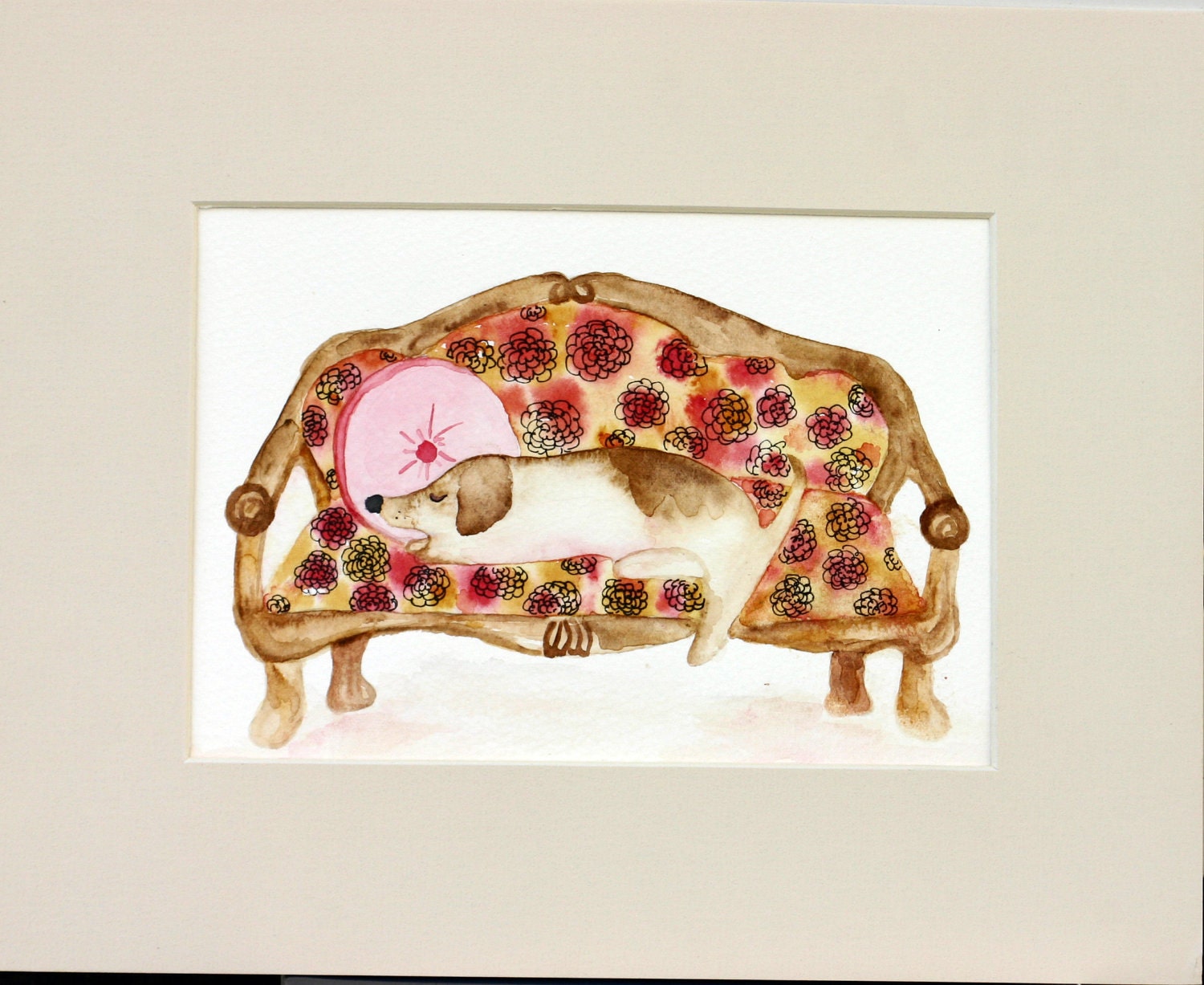 Couch Potato - dog watercolor, pen and ink, grandmas flowered couch, lazy dog, beagle, napping, sleeping, humorous, whimsical