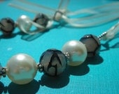 Dragon Vein Agate with Swarovski Pearl, Chunky Necklace with Ribbon