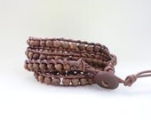 WrapLet, Unisex Natural Wood beaded on distressed leather bracelet
