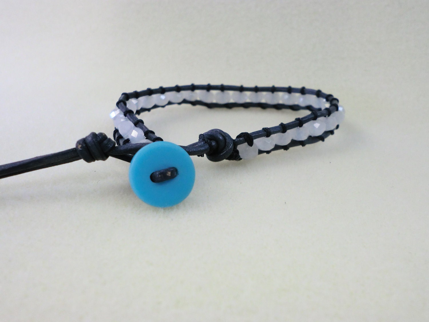 WrapLet, UNISEX Opal bead with Black Leather.