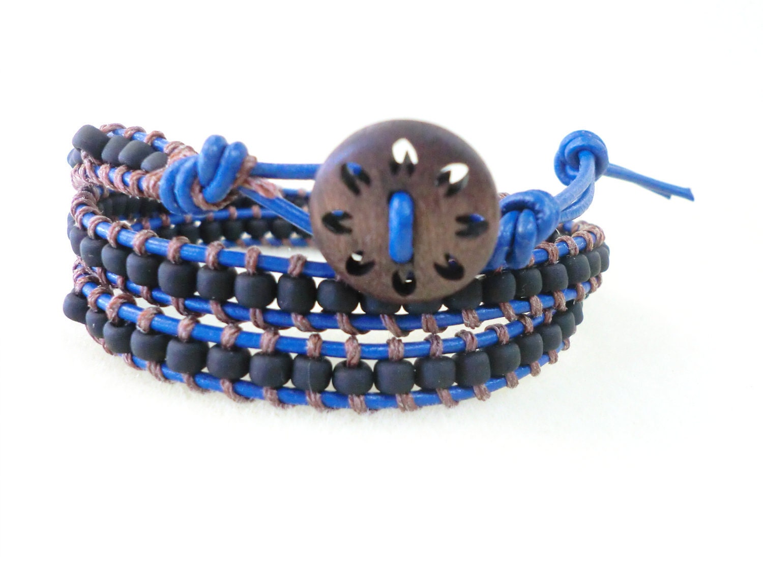 WrapLet Unisex Black with Blue Leather beaded wrap bracelet