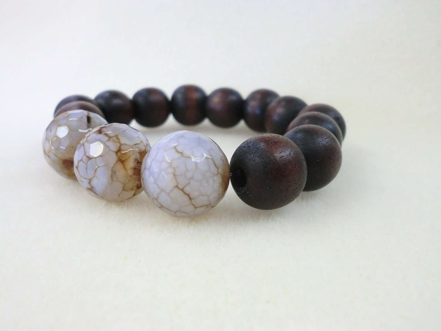 Faceted Veined Agate with Natural Dark Wood Stretch Bracelet