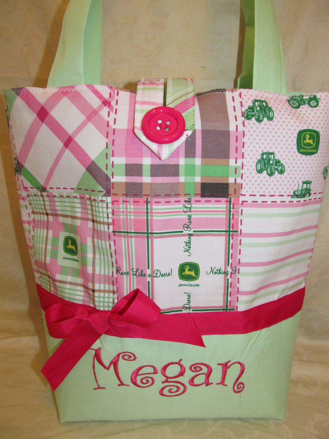 Handmade custom John Deere Plaid hot pink and mint purse /  tote / pocketbook you choose name