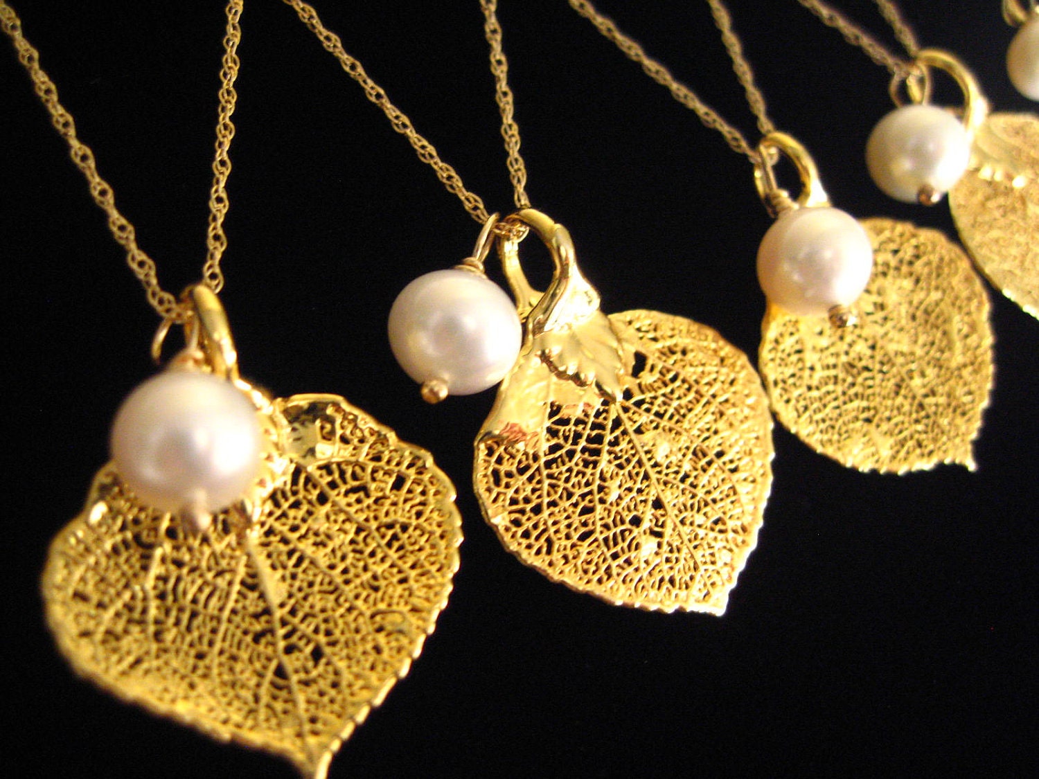 Wedding Jewelry - FOUR Bridesmaid Gift Necklaces  Real Aspen Leaves   24kt Gold  - Freshwater Pearls - -16" 14kt Gold Fill Rope Chains