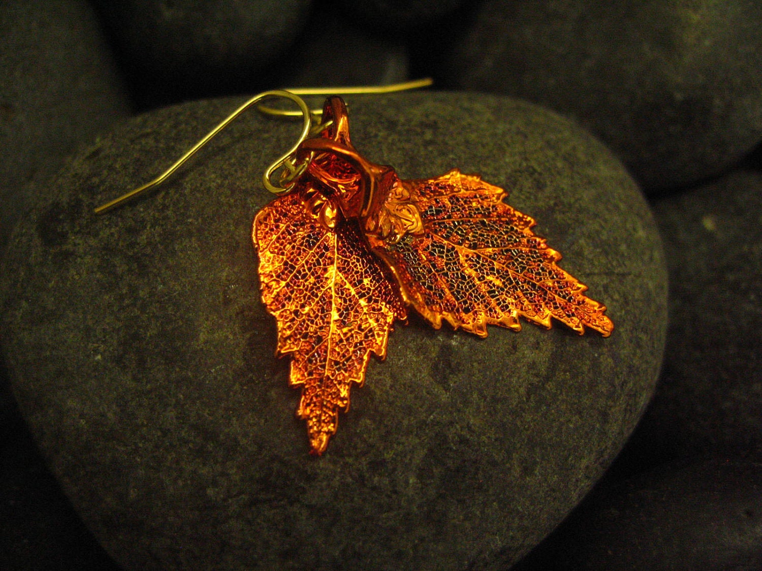 Real Birch Leaf Earrings in Iridescent Copper  - Orange real leaves